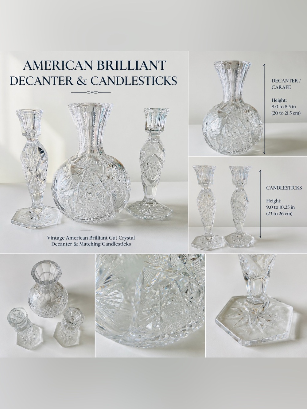 American Brilliant Cut Crystal Decanter & Candlesticks Set Vintage ABP Carafe